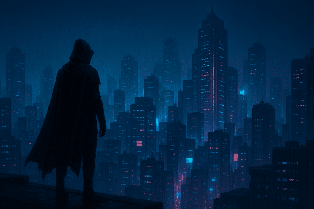  A figure in a cape standing on a rooftop overlooking a dark cityscape.