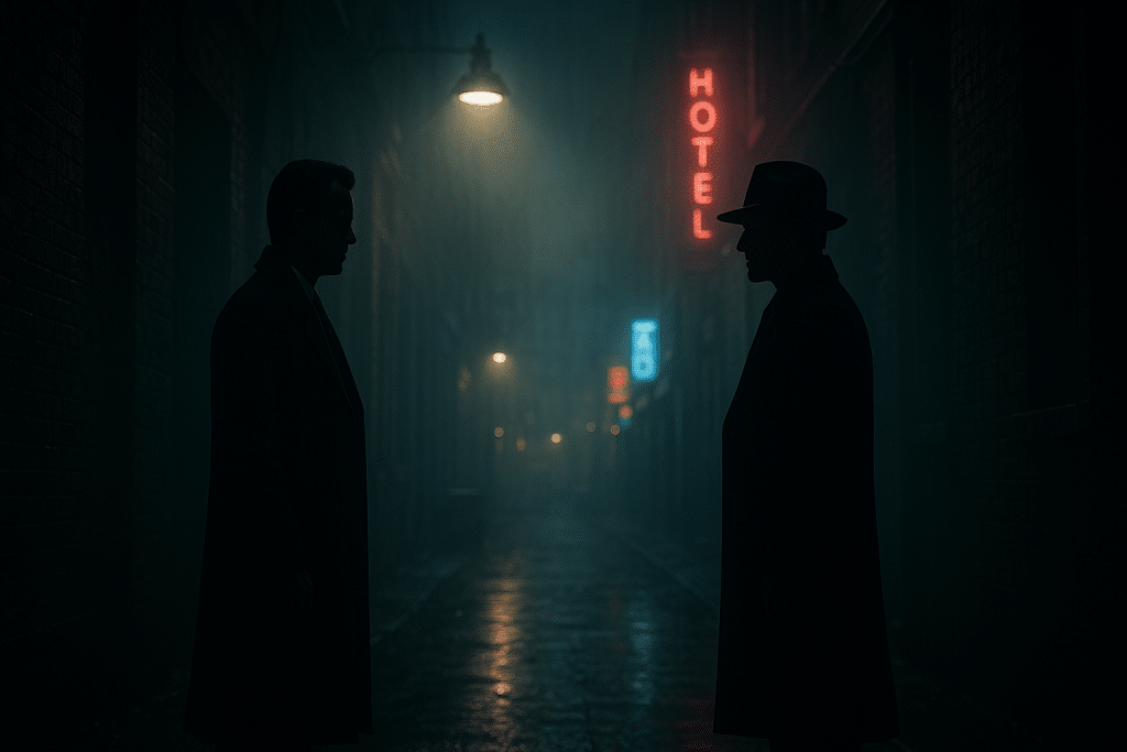 Two silhouetted figures facing each other on a dark, wet street.