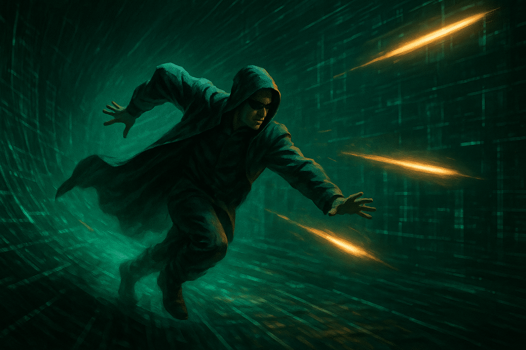 A figure in a long coat dodging bullets in a green-tinted scene.