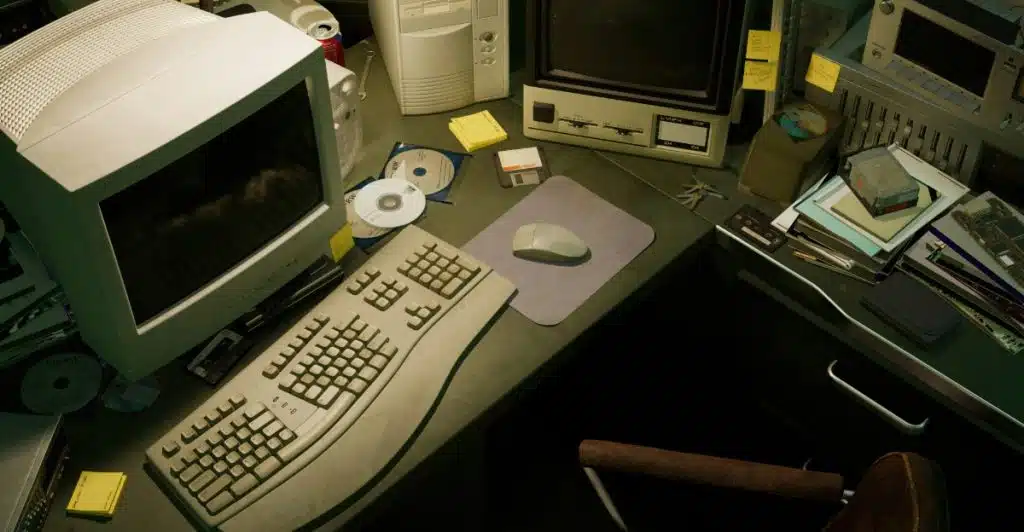 A cluttered office desk with a computer and various office supplies.