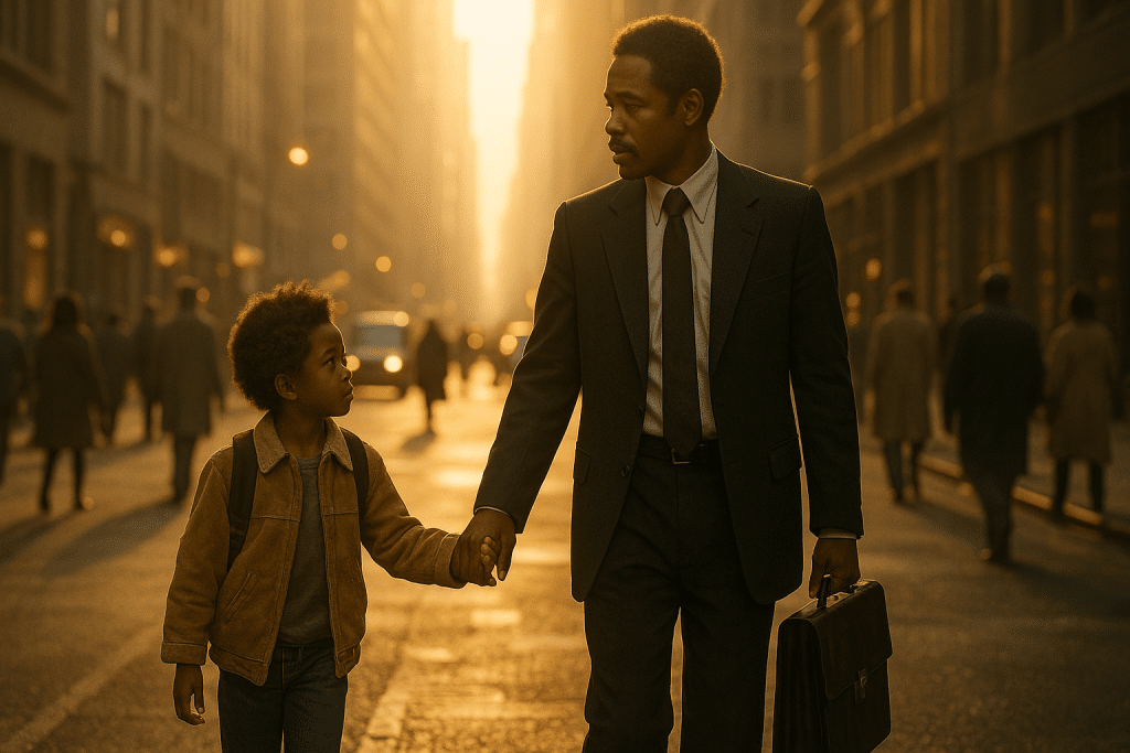 A man and a young boy walking hand in hand down a city street.