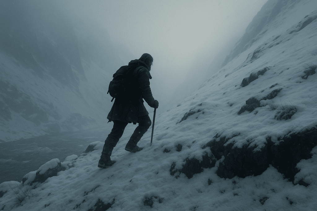 A figure climbing a snowy, mountainous landscape.