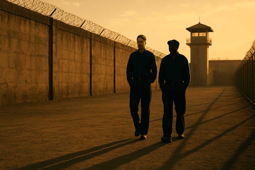 Two men in blue prison uniforms walking along a path with a prison wall and guard tower in the background.