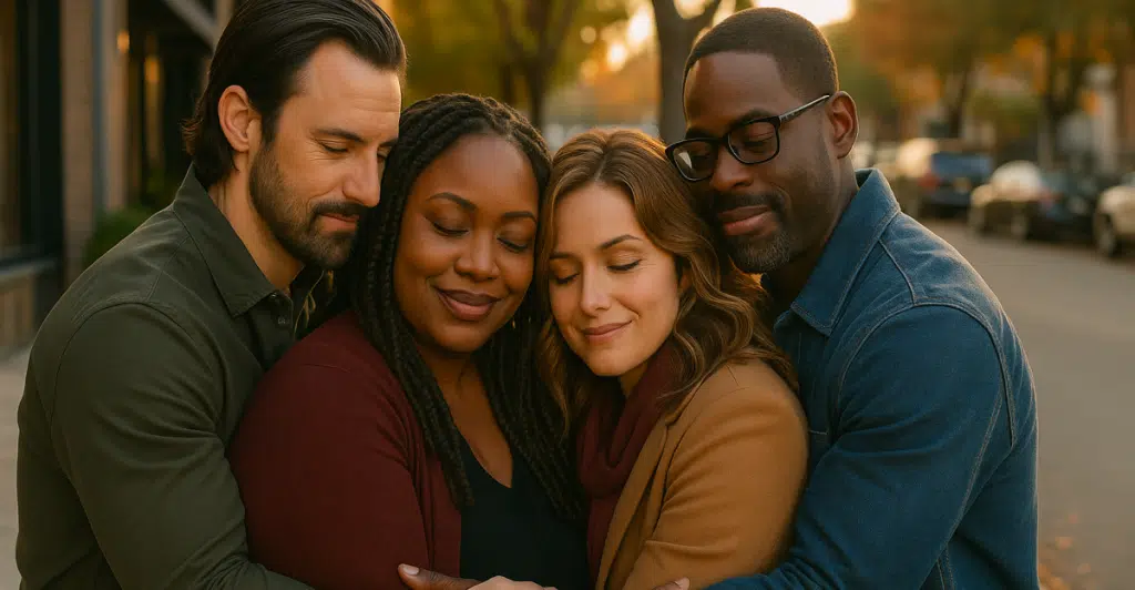 Four characters from "This Is Us" hugging.