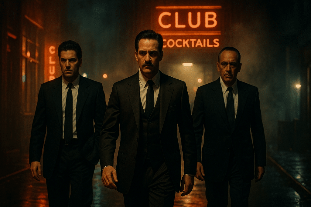 Three men in suits walking down a dark city street.