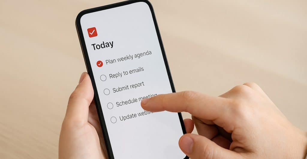 A person holds a smartphone showing the Todoist app with a list of tasks for the day.