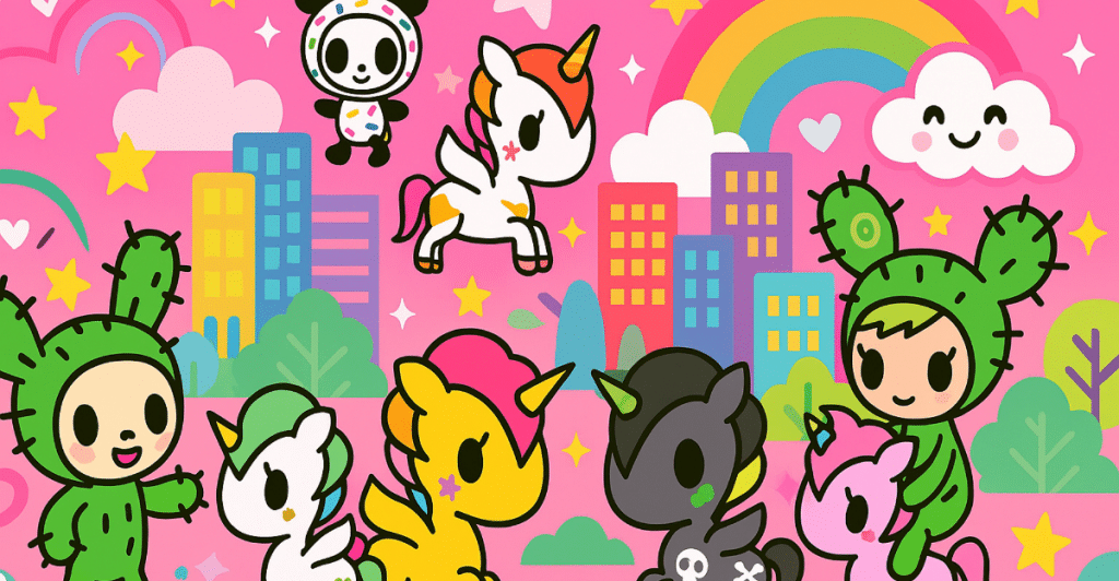 A colorful illustration of various unicorn-like characters with different designs, set against a backdrop of clouds, rainbows, and city buildings.