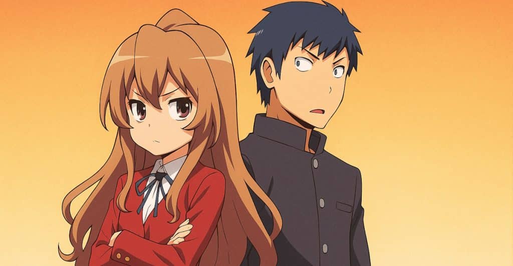 Two anime characters, one with long orange hair and a red jacket, the other with dark hair and a school uniform.