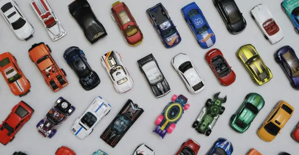 An overhead view of a collection of toy cars neatly arranged on a light-colored surface. The cars are of various colors and styles.