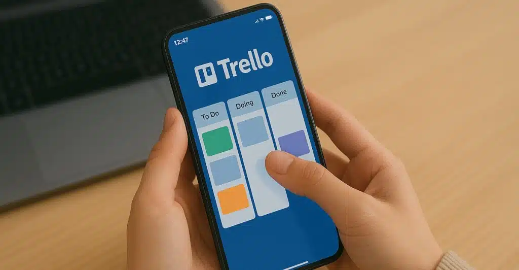 Hands interact with the Trello app on a mobile phone, displaying a Kanban-style board with lists and cards.