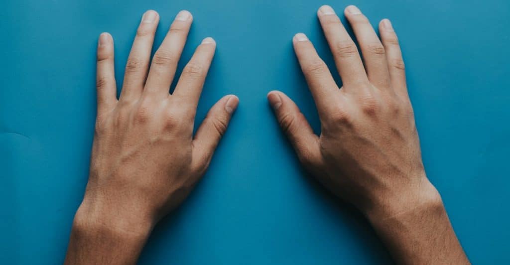 An overhead view of two male hands with neatly trimmed fingernails.