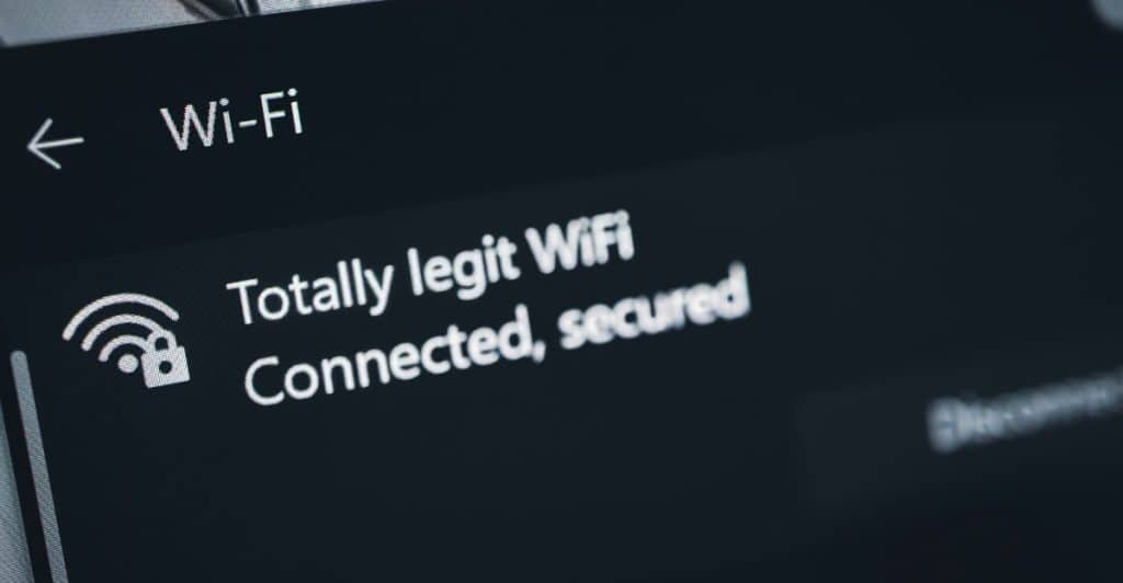 A screen displaying a Wi-Fi connection with the network name "Totally legit WiFi".