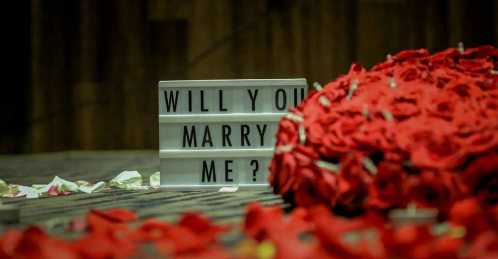 A lightbox sign that reads "WILL YOU MARRY ME?" surrounded by red roses.