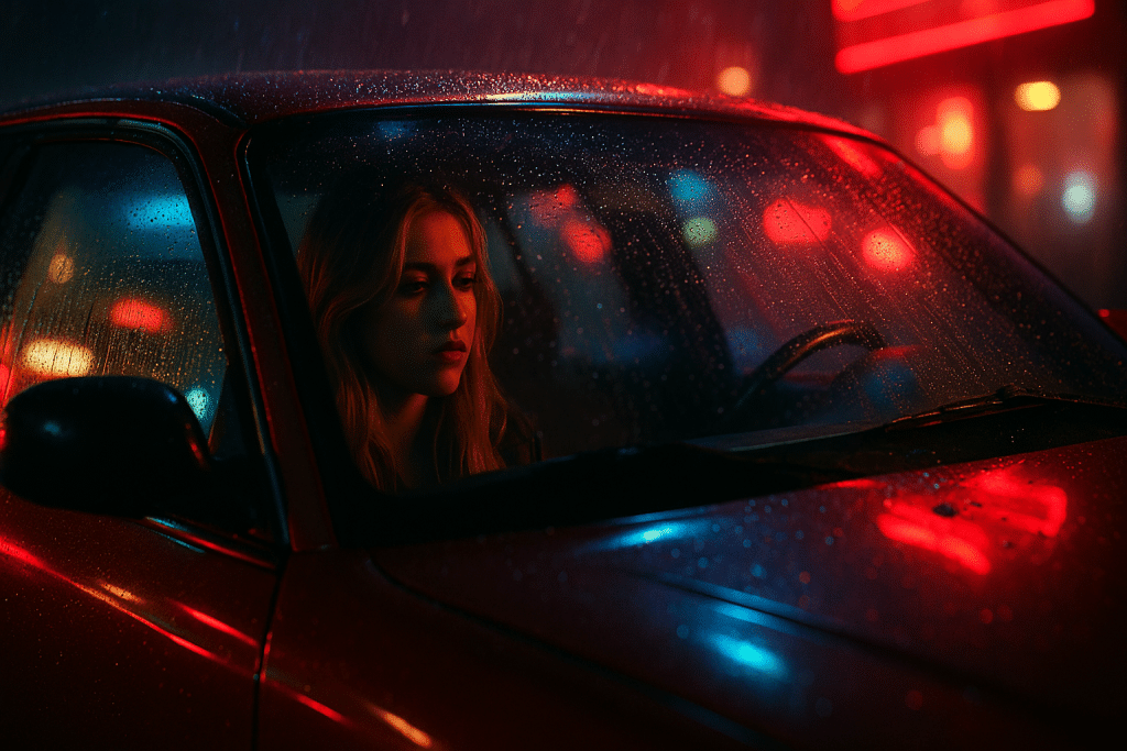 A person with long blonde hair is seen inside a red car, looking out the windshield at a rainy night scene with neon lights.
