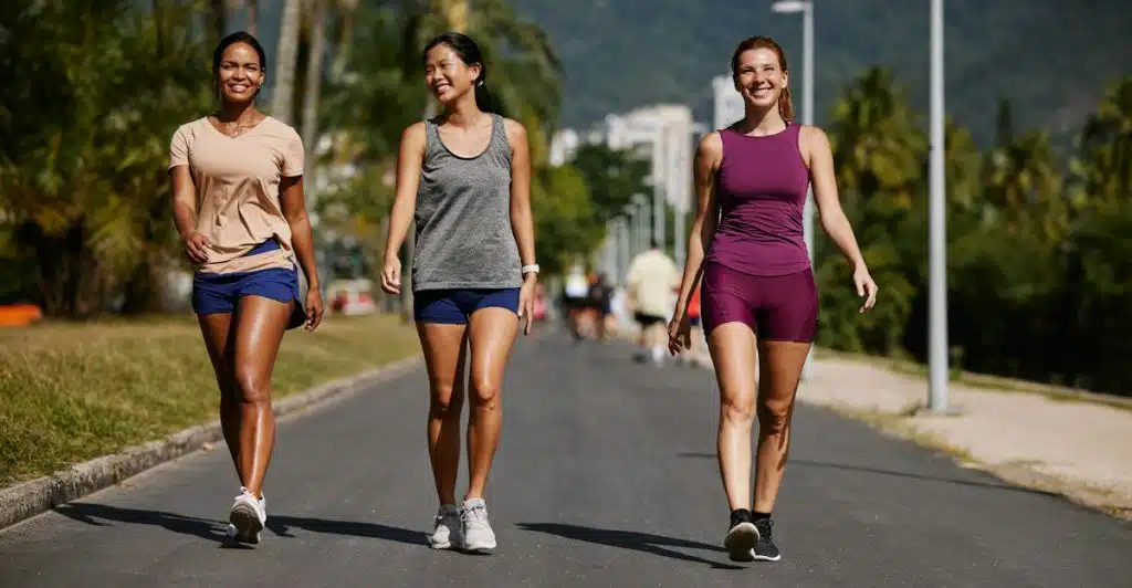 Three women of diverse backgrounds, casually dressed in athletic wear, walking side-by-side on a paved road in an outdoor setting with trees and a distant cityscape.