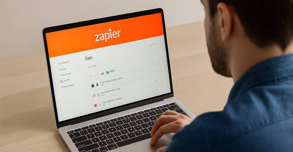A person using a laptop with the Zapier automation platform interface visible.