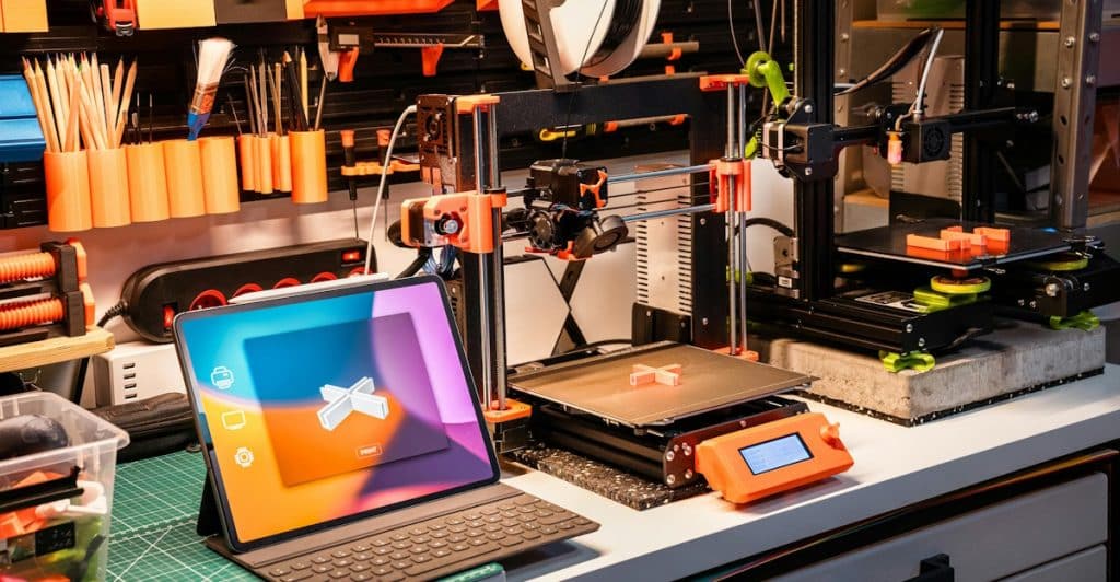 A 3D printer is actively working on a desk surrounded by spools of colorful filament, tools, and a tablet displaying a design interface.