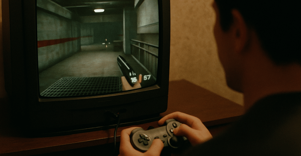A man playing GoldenEye 007 on a television with a Nintendo 64 controller.