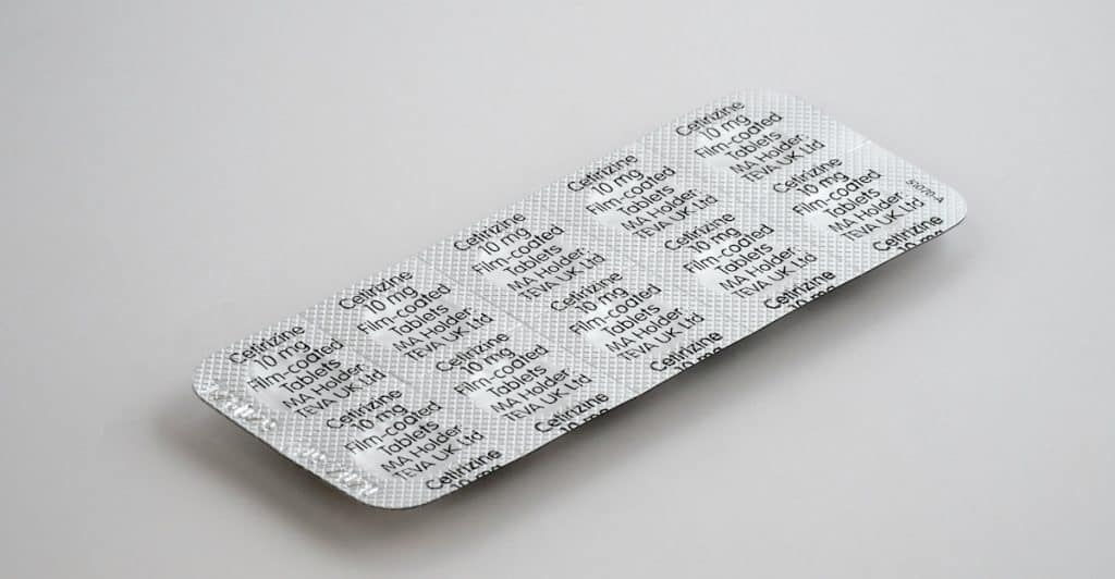 Foil blister pack of cetirizine allergy tablets.
