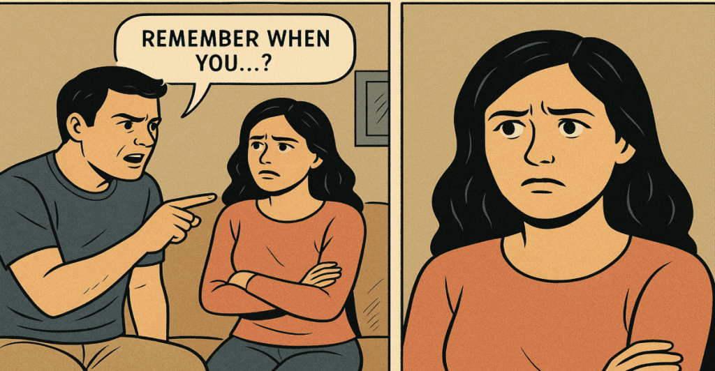 An illustration in two panels showing a man pointing and saying "REMEMBER WHEN YOU...?" to a woman with her arms crossed, and then the woman alone looking upset