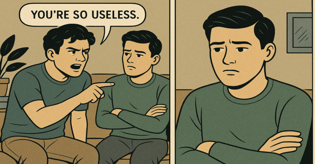 An illustration in two panels showing a man pointing and saying "YOU'RE SO USELESS" to another man with his arms crossed, and then the second man alone looking sad