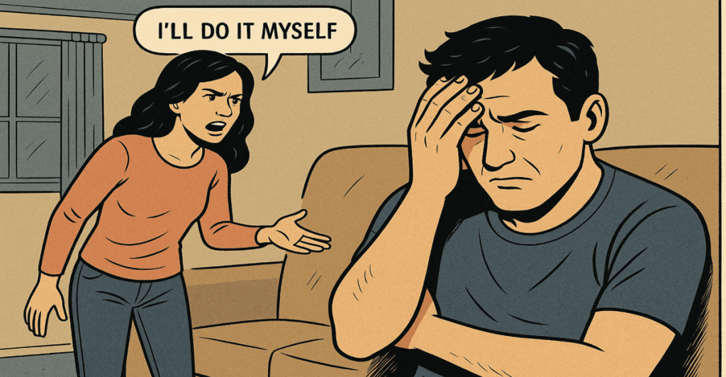  An illustration of a woman with dark hair and an orange shirt saying "I'LL DO IT MYSELF" to a man with dark hair sitting on a couch with his hand on his forehead.