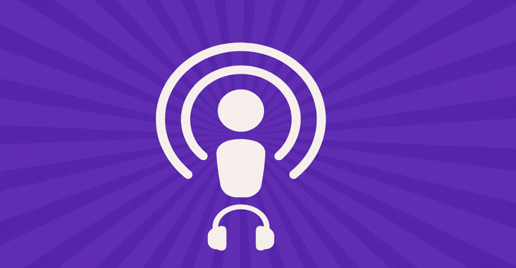 An icon representing Audible or podcasts with a figure wearing headphones and surrounded by sound waves