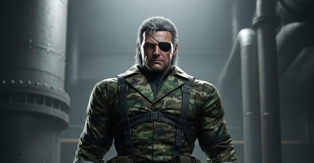 Big Boss from Metal Gear Solid standing in a camouflage suit.