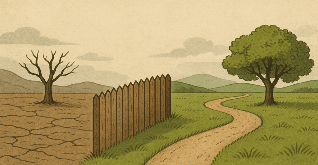 A wooden fence separating a barren, cracked plot of land from a vibrant area with a tree and a winding path.
