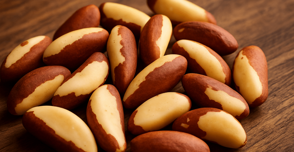 A pile of Brazil nuts with their distinctive brown and cream coloring, arranged on a wooden surface.