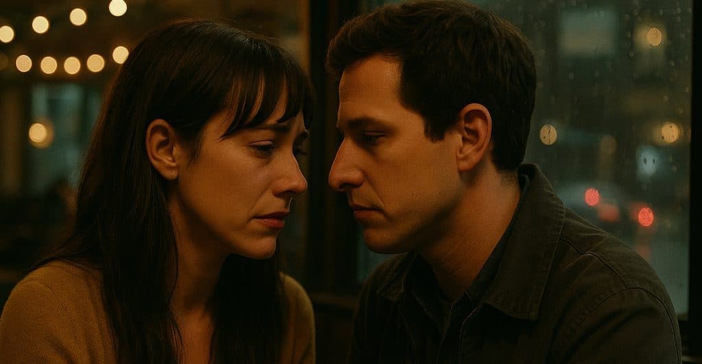 A man and a woman looking at each other intensely.