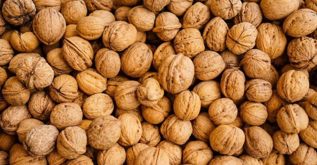 A close-up photo showing a large pile of whole walnuts in their shells.