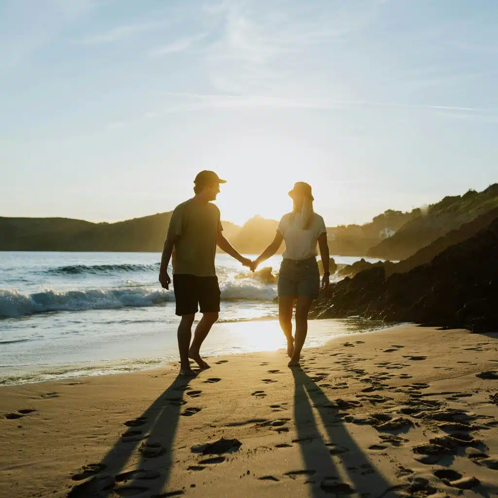A couple holding hands and walking barefoot on a sandy beach towards the ocean as the sun sets, casting long shadows behind them.