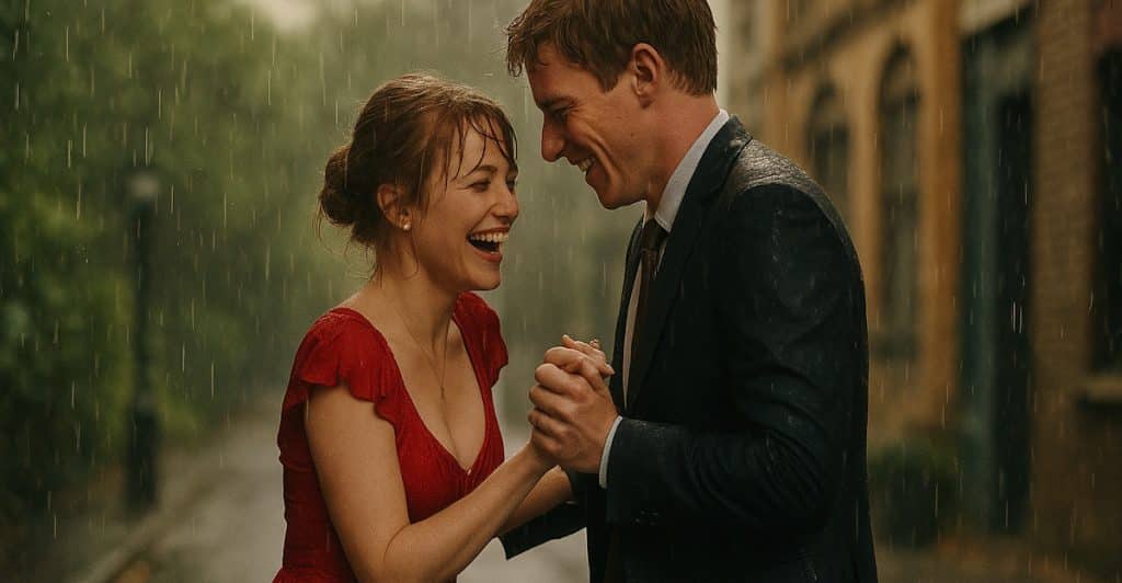 A man and a woman smiling and dancing in the rain.