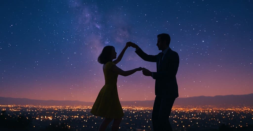 A couple dancing under a starry night sky with city lights in the distance.
