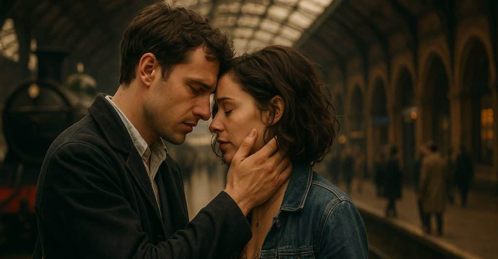 A man embracing a woman at a train station platform.