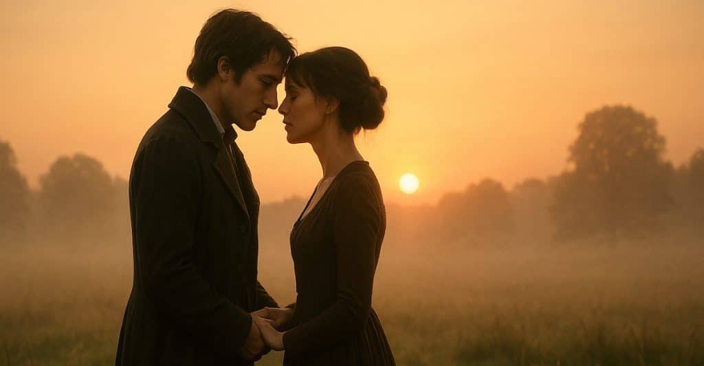A man and a woman with their foreheads touching, holding hands in a field during sunset.