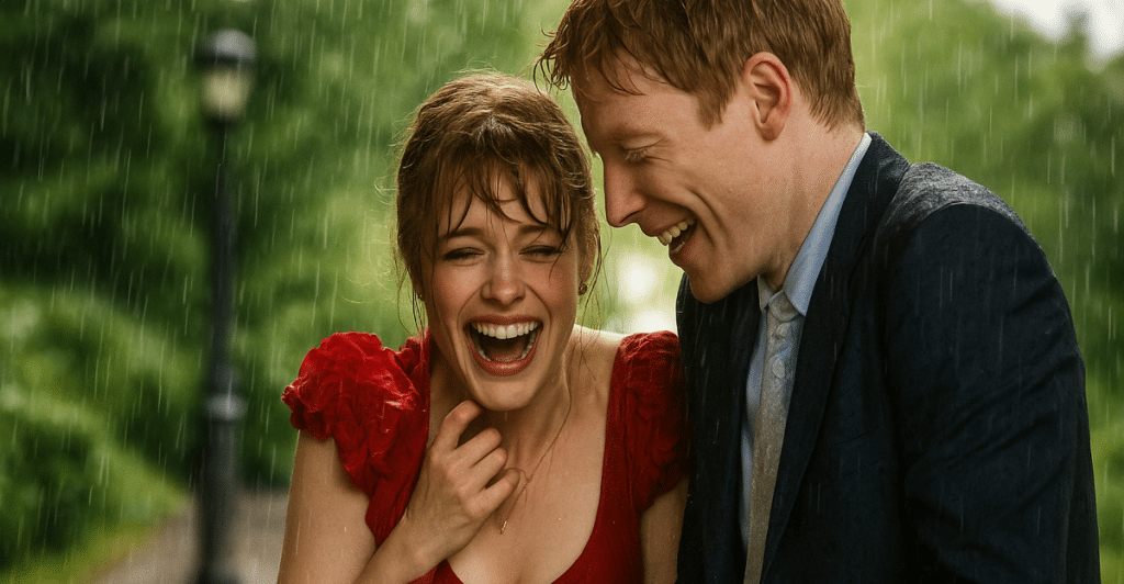 A man and a woman laughing joyfully while standing close together in the rain.