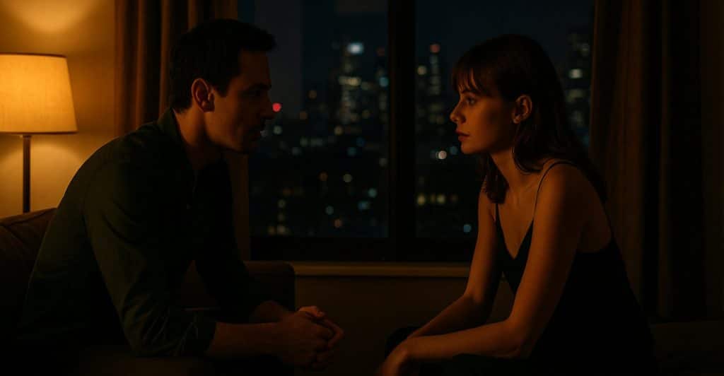 A man and a woman sitting across from each other, looking intently at one another in a dimly lit room.