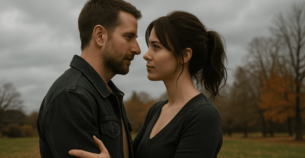 A man and a woman standing close together outdoors, looking into each other's eyes.