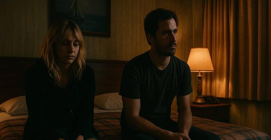 A man and a woman sitting separately on a bed in a dimly lit room.