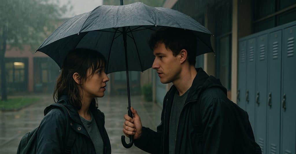 A man and a woman standing under an umbrella in the rain, looking at each other.