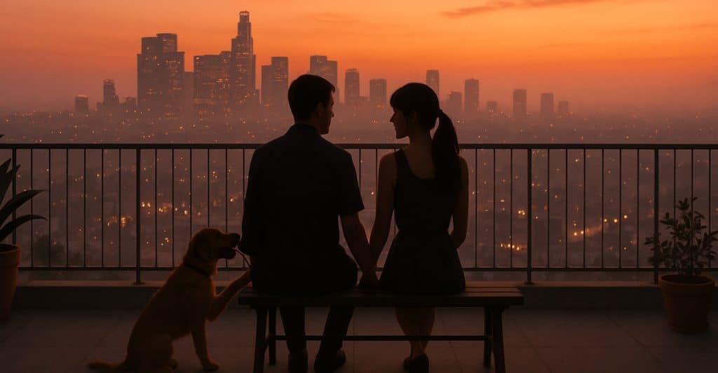 A couple and a dog watching the sunset over a city skyline.