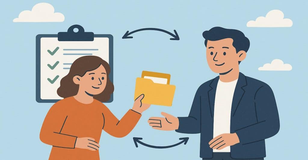 An illustration of a woman handing a folder to a man, with a clipboard showing checkmarks in the background, symbolizing task delegation.