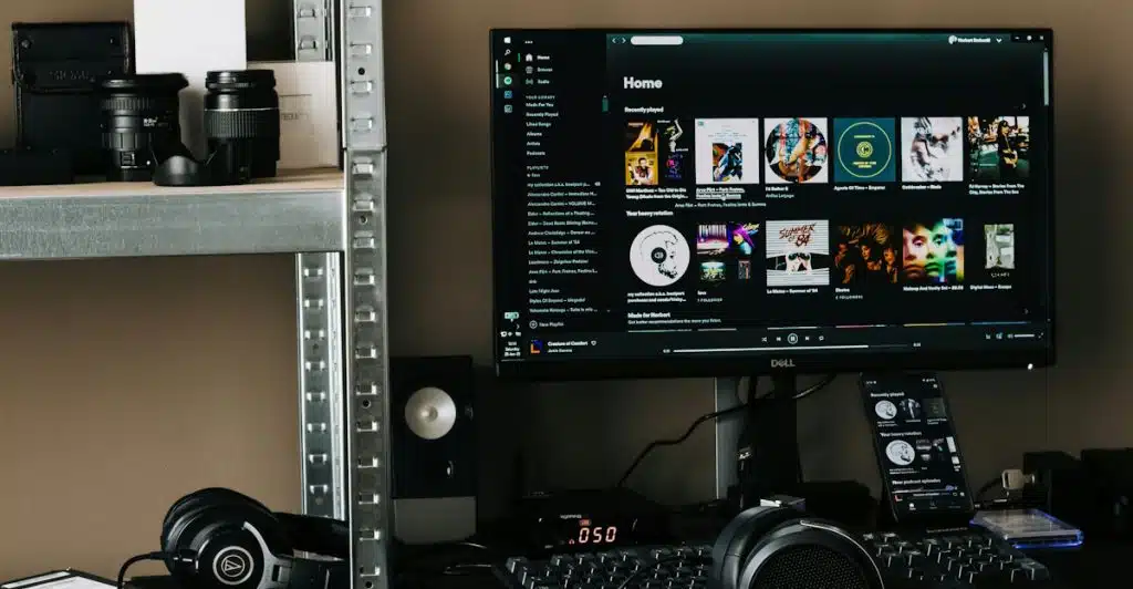 A desk setup featuring a large monitor displaying a music application, a keyboard, headphones, and other electronic devices.