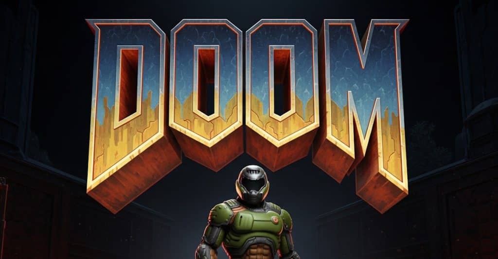 A picture with the title of the game "Doom" and the Doom Marine below it.
