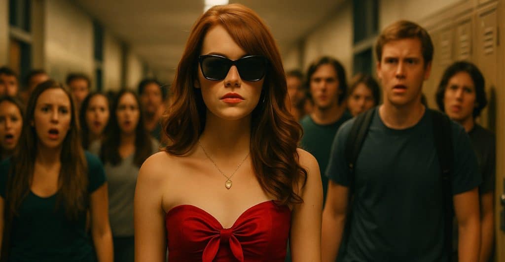 Emma Stone in a red dress and sunglasses walking down a hallway with surprised students looking at her.