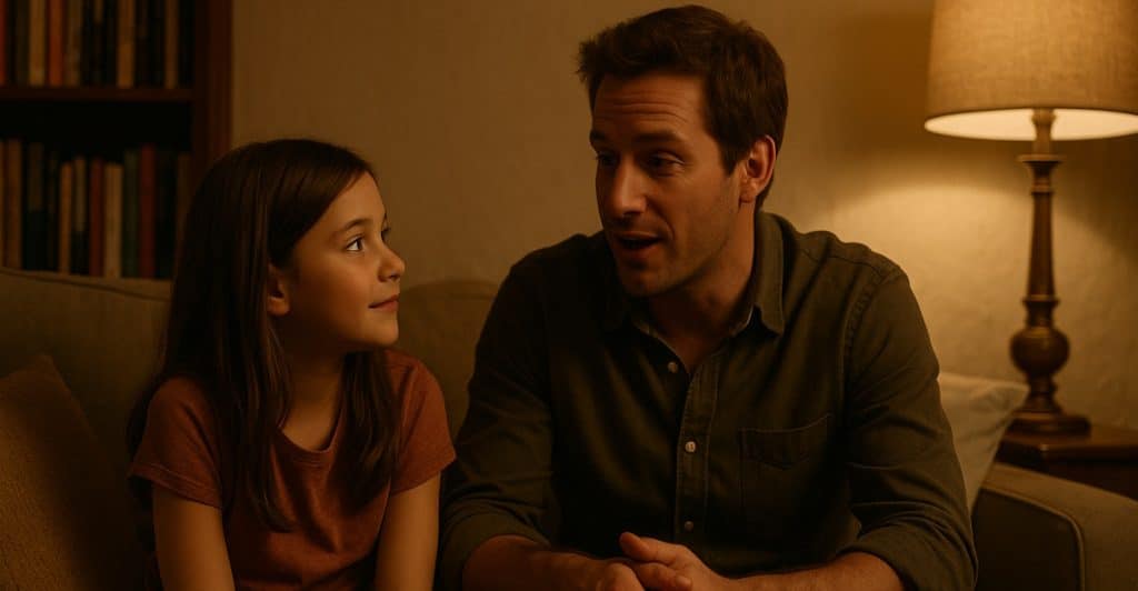 A man and a young girl sitting on a couch, looking at each other and talking.