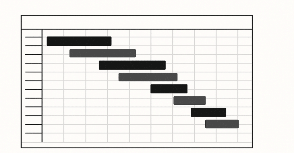 A simplified Gantt chart with a grid and horizontal bars of varying lengths representing tasks over time.