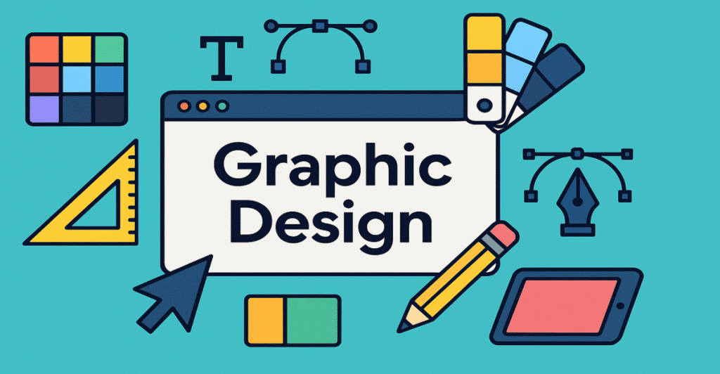 A colorful illustration representing Canva with various graphic design tools and elements around a central screen displaying "Graphic Design"